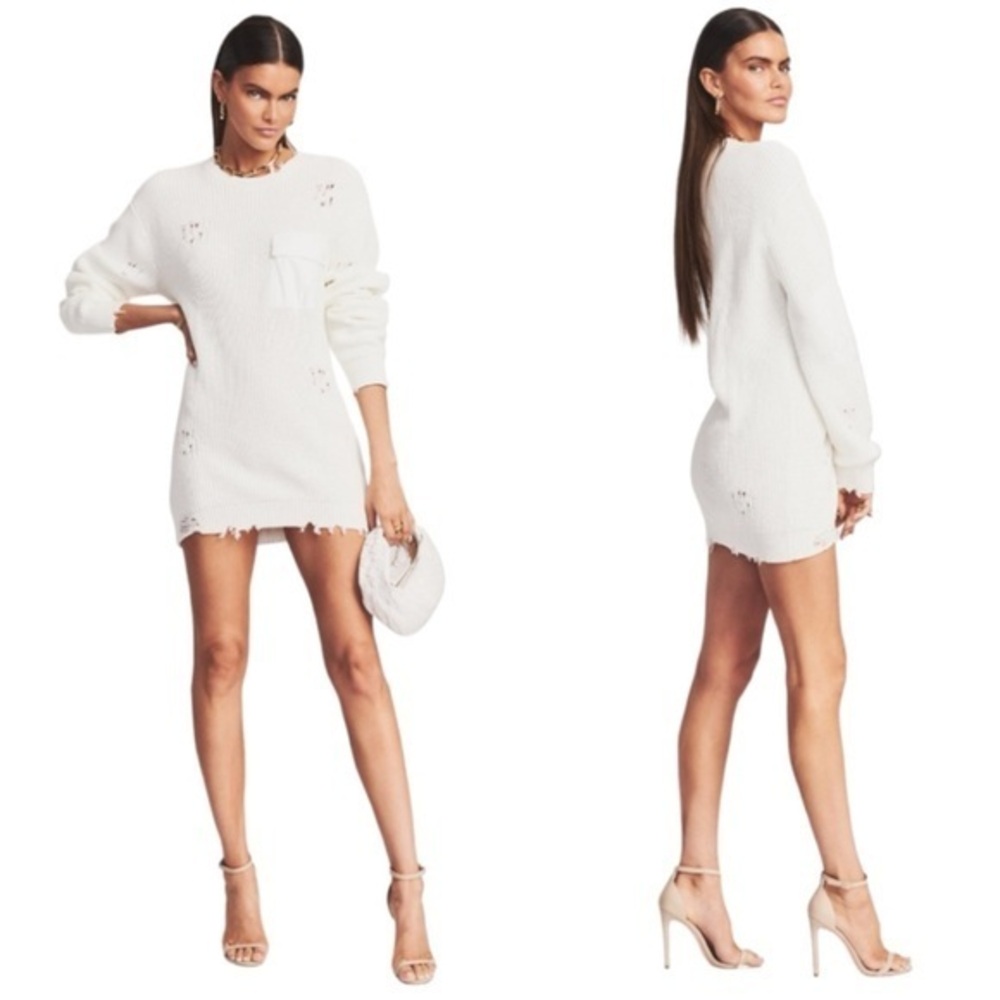 SER.O.YA Devin Oversized Distressed 100% Cotton Rib Knit White Sweater NWT XXS